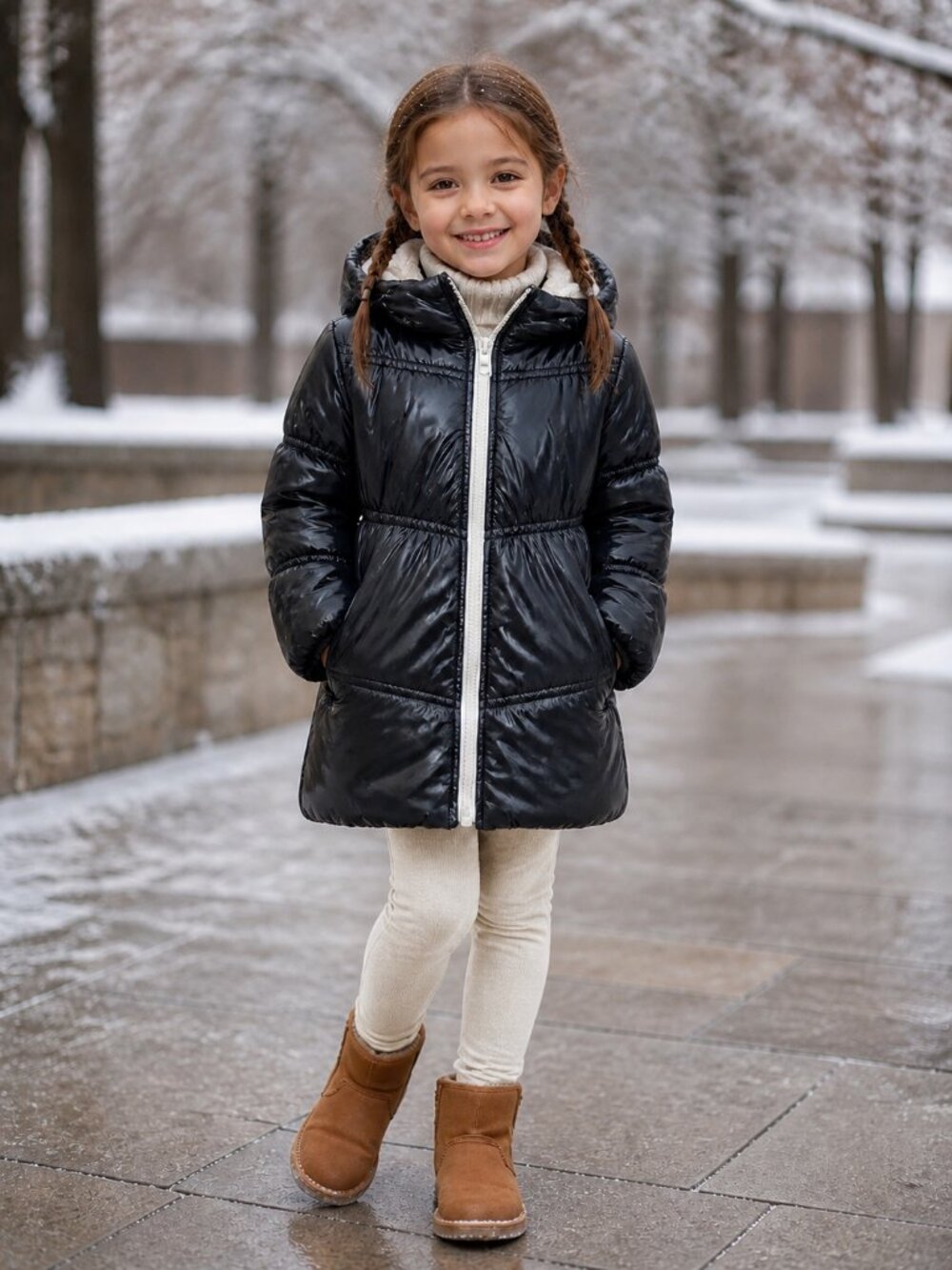 WeatherTamer Girls Fleece-Lined Puffer Jacket Black 5-6